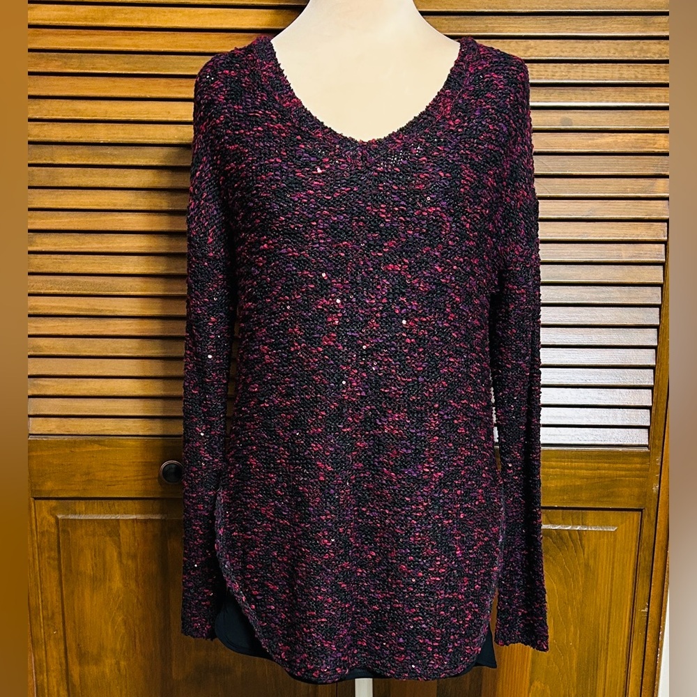 Apt 9 Knit Black Purple & Red Sequin Sparkle Long Sleeve Sweater Size S